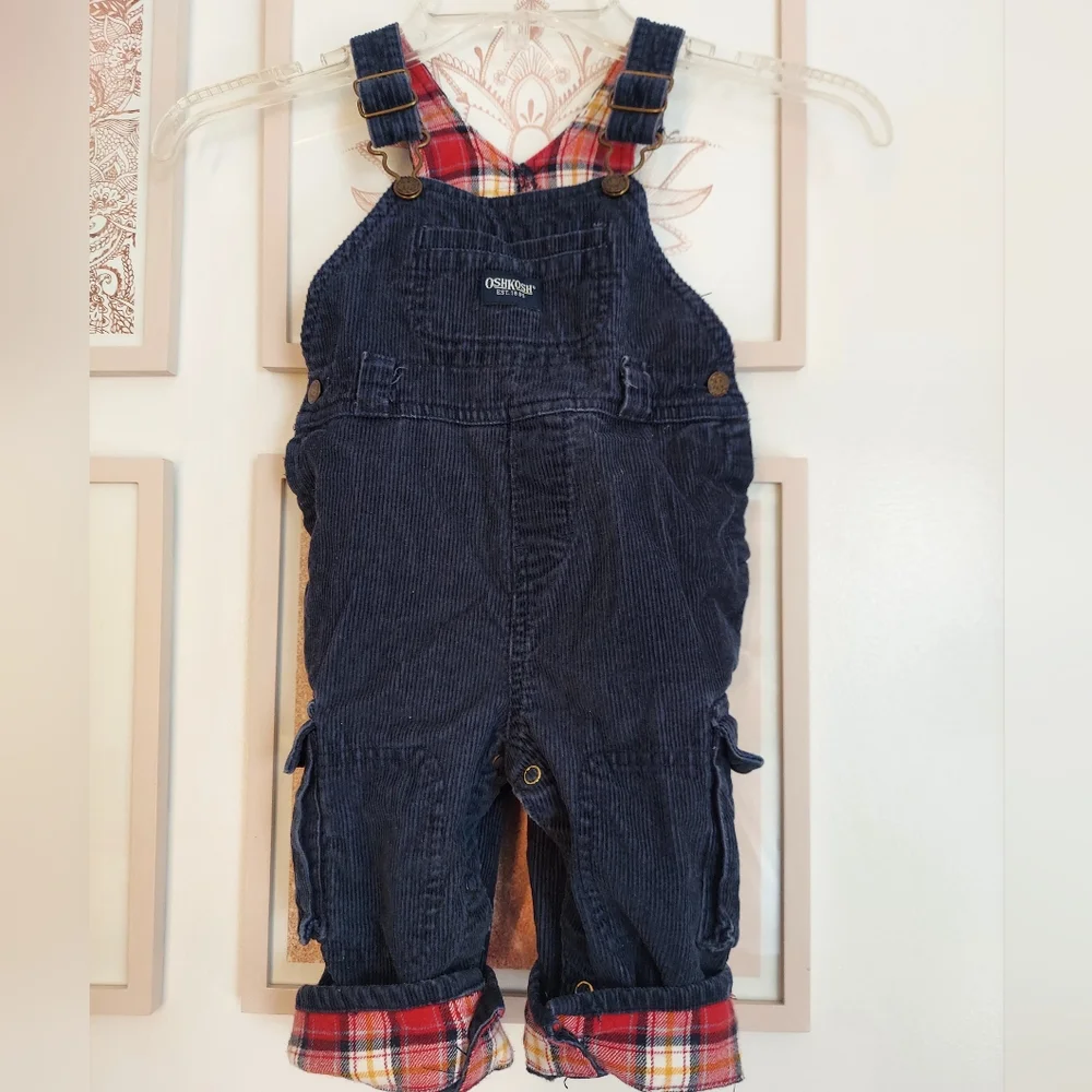 🎁 10/$25- corduroy overall with plaid lining,  12 months, navy blue